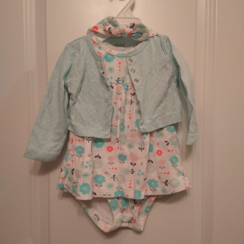 3pc Floral Dress/Cardigan/Headband Skirted Onesie